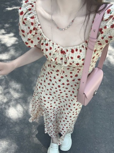 French high-end floral dress for women 2024 new summer style gentle style slim slim square neck A-line long skirt