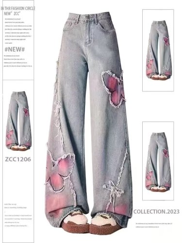 American Tie Dye Butterfly Embroidered Raw Edge Jeans Women's High Street Design Hot Girl Loose Straight Wide Leg Floor-Mopping Pants