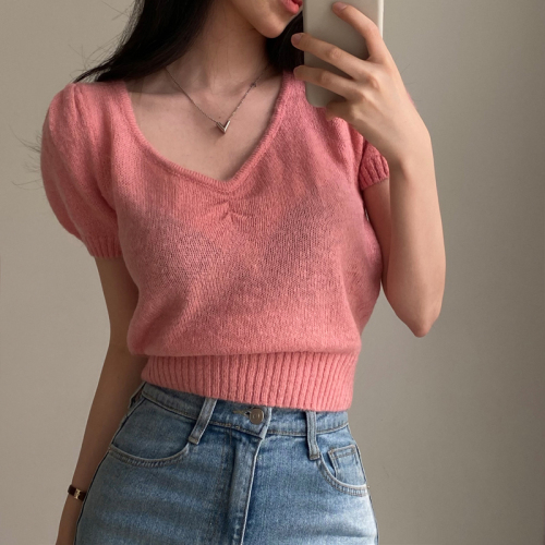 Summer Korean chic design V-neck short-sleeved thin knitted versatile top T-shirt for women