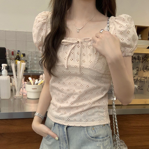 Actual pictures~ Hollow puff sleeves, lace-up square collar, pure cotton short-sleeved T-shirt for women, new summer sweet and spicy tops