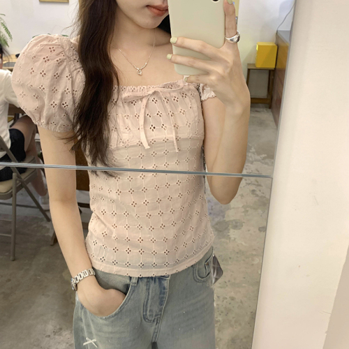 Actual pictures~ Hollow puff sleeves, lace-up square collar, pure cotton short-sleeved T-shirt for women, new summer sweet and spicy tops