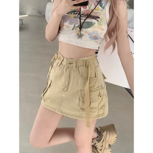 Workwear denim skirt for hot girls in summer, slim and anti-exposure short skirt, high-waisted A-line hip-hugging short culottes