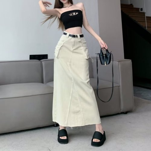 Retro American design high waist slit skirt women's summer niche slim fit versatile drawstring workwear mid-length skirt