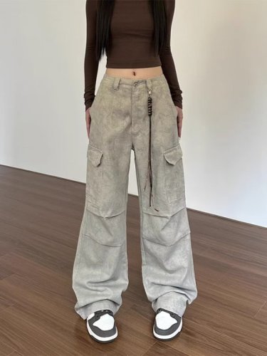 American retro overalls for women summer 2024 new loose straight floor-length trousers trendy brand trendy casual pants