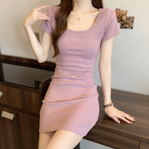 Real shot of pure cotton 2024 summer square neck short-sleeved women's dress slim solid color