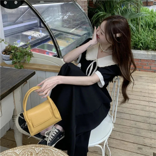 Summer 2024 new college style doll collar dress for women French retro waist slimming mid-length skirt trendy