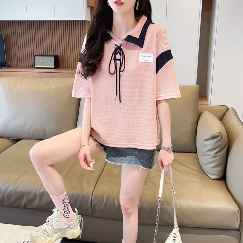 Real shot of waffle 100 polyester 2024 summer new Korean style POLO collar short-sleeved T-shirt for women, loose and trendy