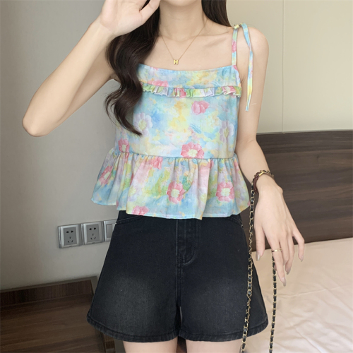 Actual shot~New sweet oil painting flower suspender top for women