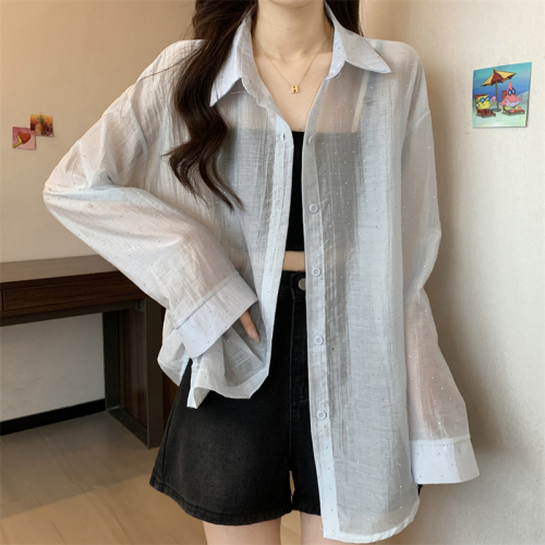 Real shot ~ New heavy industry hot diamond cardigan slimming colorful diamond sunscreen shirt women's top ➕ solid color suspender base