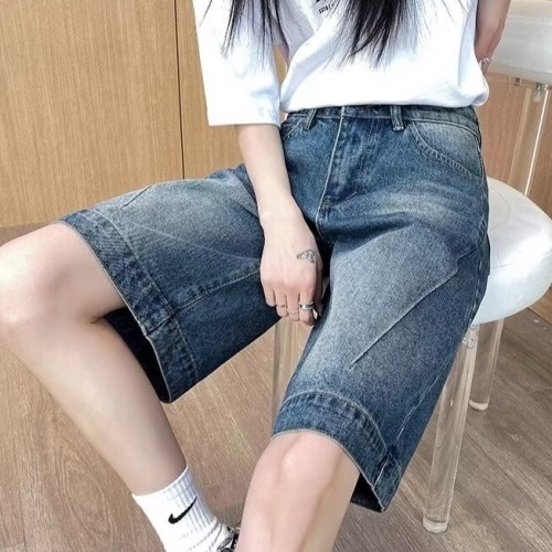 Summer denim shorts for women straight-leg American retro washed high street wide-leg distressed casual versatile five-quarter pants