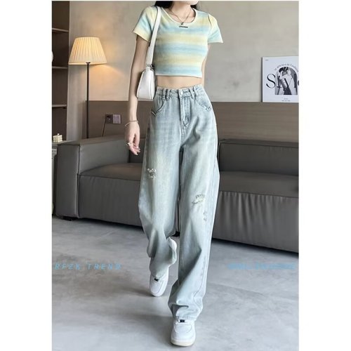 2024 summer new style ripped light-colored jeans for women, high-waisted, flesh-covering, loose straight-leg drapey wide-leg trousers