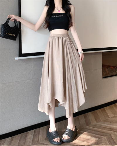 Actual shot of mid-length linen skirt for women, high-waisted, slimming, covered A-line skirt