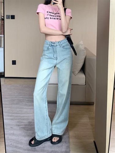 2024 New European and American Trendy Brand Hip-Hop Jeans High Street Loose High Waist Straight Leg Wide Leg Long Pants