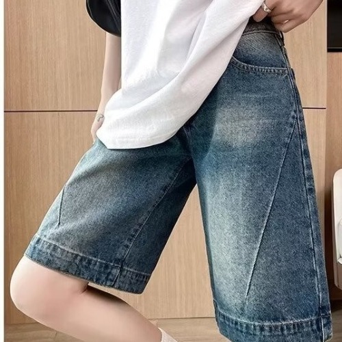 Summer denim shorts for women straight-leg American retro washed high street wide-leg distressed casual versatile five-quarter pants