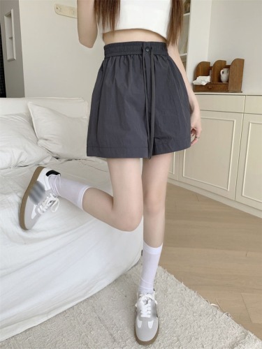 Khaki workwear high waist drawstring elastic summer loose casual wide leg slim new shorts hot pants