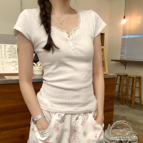 Real photos of temperament lace white cotton short-sleeved T-shirt women's summer new slim right shoulder short top