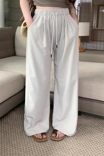 Actual shot of new summer style elastic waist and drapey drawstring wide-leg casual pants, loose, fashionable and versatile, slimming trousers
