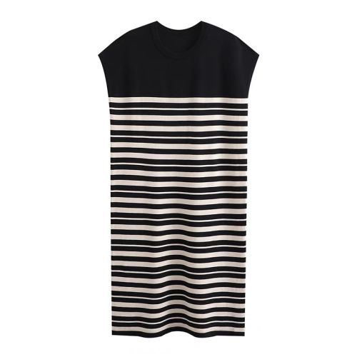 2024 new summer style casual and versatile loose round neck striped color matching sleeveless knitted dress