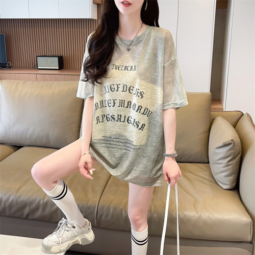 Real shot of sun protection 100 polyester 2024 new summer Korean style versatile loose mid-length short-sleeved T-shirt for women