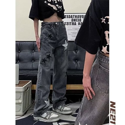 High street design star embroidered jeans for women spring and autumn new high waist slimming wide leg trousers