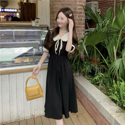 Summer 2024 new college style doll collar dress for women French retro waist slimming mid-length skirt trendy