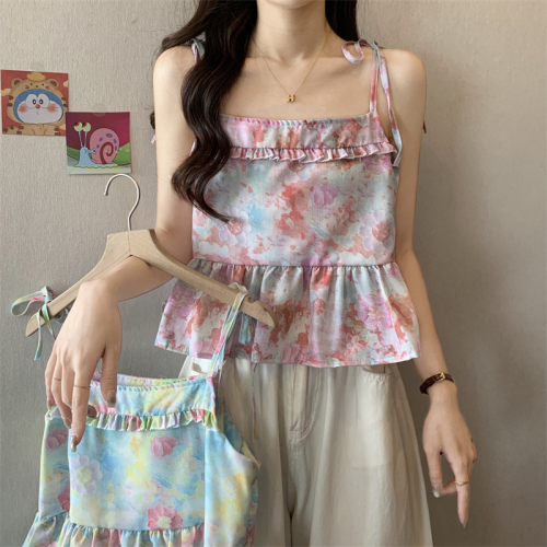 Actual shot~New sweet oil painting flower suspender top for women