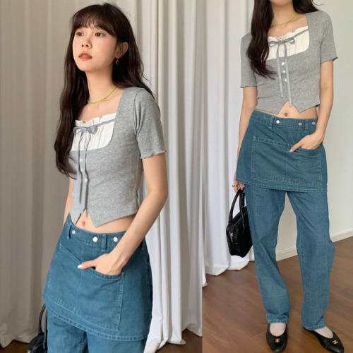 Actual shot of retro gentle lace-up bow contrasting color stitching square collar three-button slim short-sleeved T-shirt