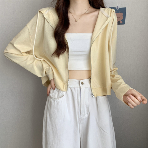 Real shot~New sun protection long-sleeved loose zipper cardigan hooded shirt for women + solid color suspender base