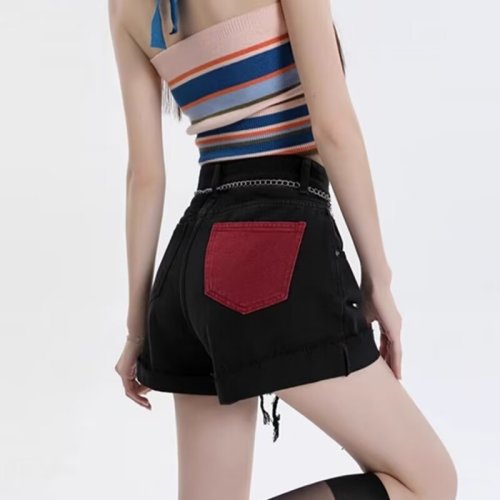 Denim shorts for women summer 2024 new style high-waisted A-line pear-shaped body slimming contrast color ripped wide-leg pants