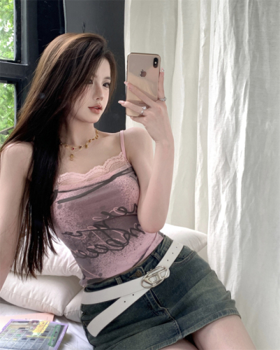 Hong Kong style sweet hot girl camisole women's summer new lace edge outer wear slimming and beautiful back sleeveless top trendy