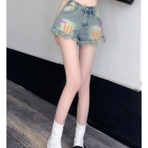 Painted graffiti denim shorts for women summer thin high-waisted slim A-line raw edge tassel wide-leg pants ins trend