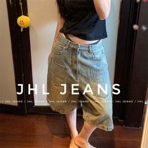 American retro washed high street denim shorts for men and women straight wide leg distressed loose casual versatile cropped pants