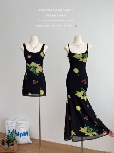 Tongiiuu Hathaway 2.0 retro floral suspender dress women's waist slimming A-line hip-hugging long skirt summer