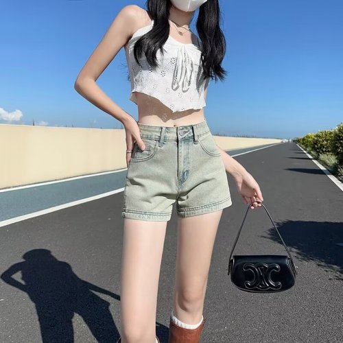 Denim shorts women's summer 2024 new high-waist elastic slimming niche hot girl a-line tight slimming hot pants