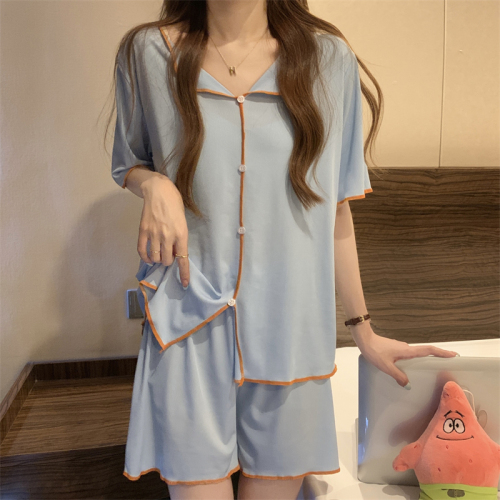 Real shot of new casual versatile lazy style solid color loose home pajamas two-piece set for women