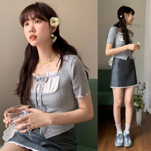 Actual shot of retro gentle lace-up bow contrasting color stitching square collar three-button slim short-sleeved T-shirt