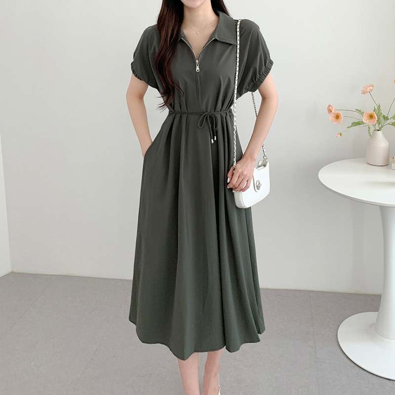 Korean chic French style casual lace-up waist slimming dress