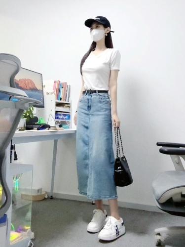 韩系休闲套装女夏季辣妹修身短款短袖t恤上衣牛仔半身裙两件套ins