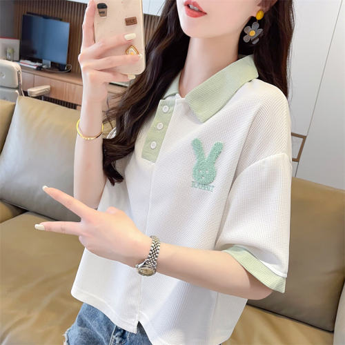 Real shot 220G waffle short-sleeved T-shirt women's summer thin POLO irregular new loose top for small people