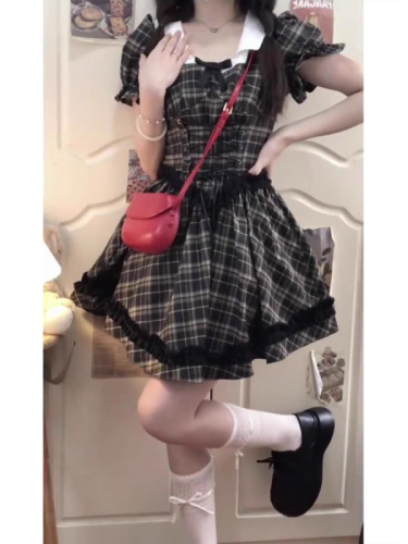 Summer French Retro College Style Square Neck Lace Puff Sleeve Plaid Dress Women's Waist Princess Puff Skirt