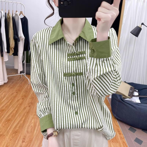 Striped splicing button-up shirt for women 2024 spring and summer new Chinese style long-sleeved contrasting color age-reducing design top