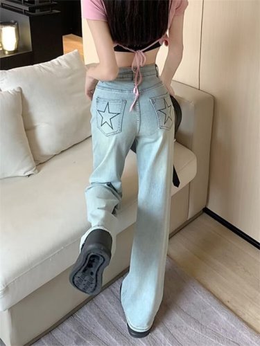 2024 New European and American Trendy Brand Hip-Hop Jeans High Street Loose High Waist Straight Leg Wide Leg Long Pants