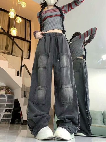 American retro high street floor-length wide-leg jeans for men and women 2024 loose and versatile straight-leg workwear wide-leg trousers