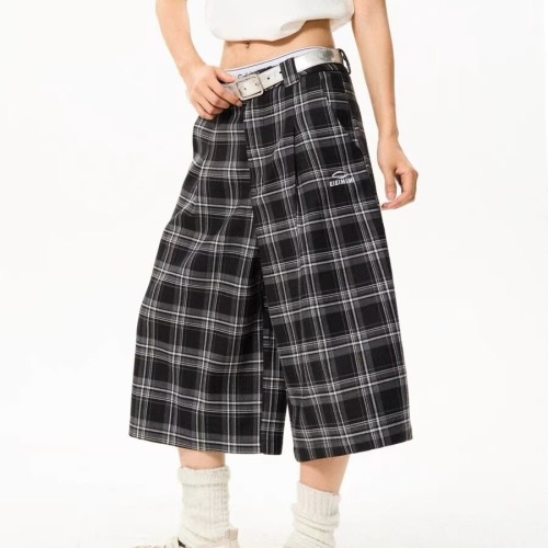 American street summer 2024 retro plaid casual trousers wide-leg men and women versatile trendy loose cropped trousers