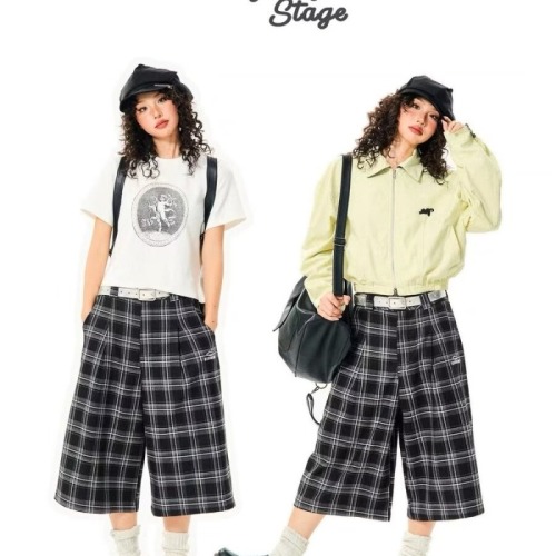 American street summer 2024 retro plaid casual trousers wide-leg men and women versatile trendy loose cropped trousers