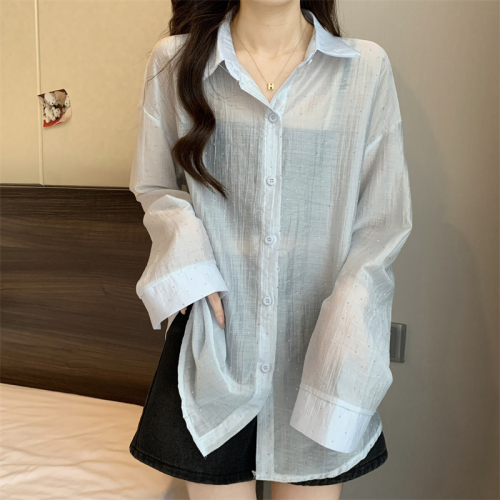 Real shot ~ New heavy industry hot diamond cardigan slimming colorful diamond sunscreen shirt women's top ➕ solid color suspender base