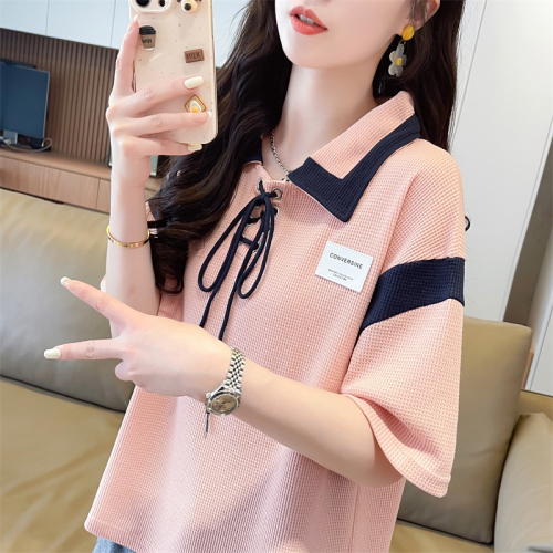 Real shot of waffle 100 polyester 2024 summer new Korean style POLO collar short-sleeved T-shirt for women, loose and trendy