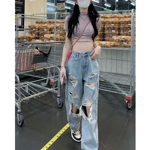 Personalized old washed holed retro blue jeans for women summer new high-waisted loose slimming wide-leg long pants