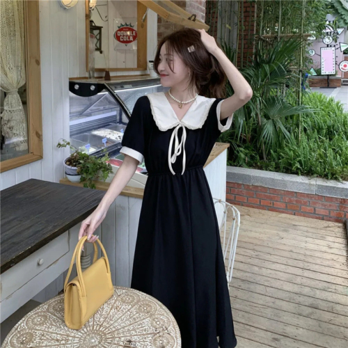 Summer 2024 new college style doll collar dress for women French retro waist slimming mid-length skirt trendy