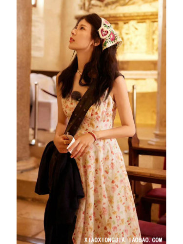 Flowers and Boys*** same style floral suspender dress seaside resort style irregular waist long skirt